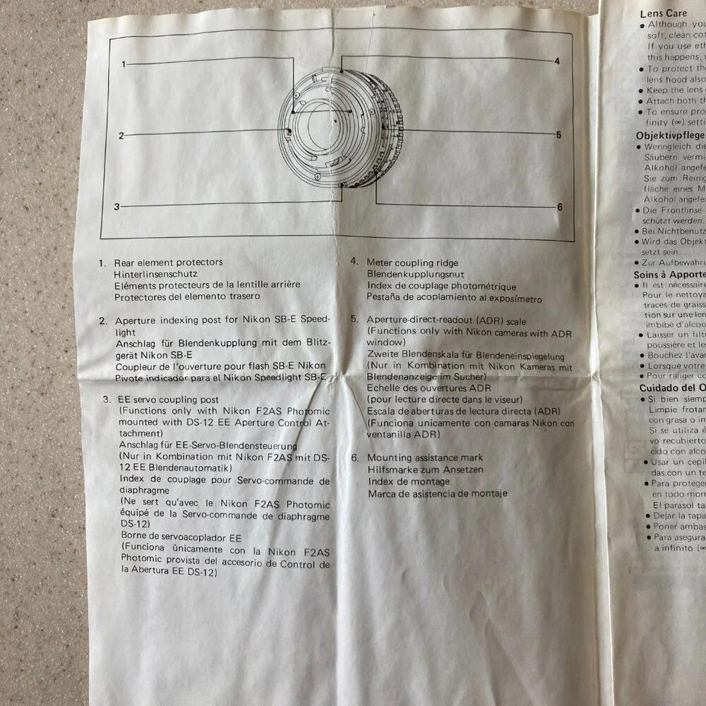 Vintage Nikon Series E 28mm f/2.8 Instruction Sheet